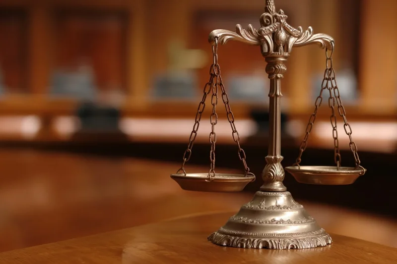 Scales of Justice inside a Los Angeles courtroom symbolizing fairness and defense victories by the Law Offices of Nigel Burns in employment and contract litigation cases.